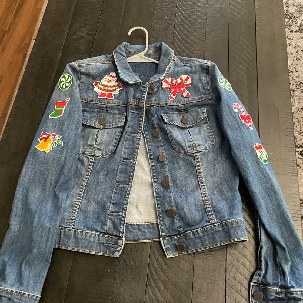 Kut from the Kloth Blue Jean Jacket with Christmas Festive Patches